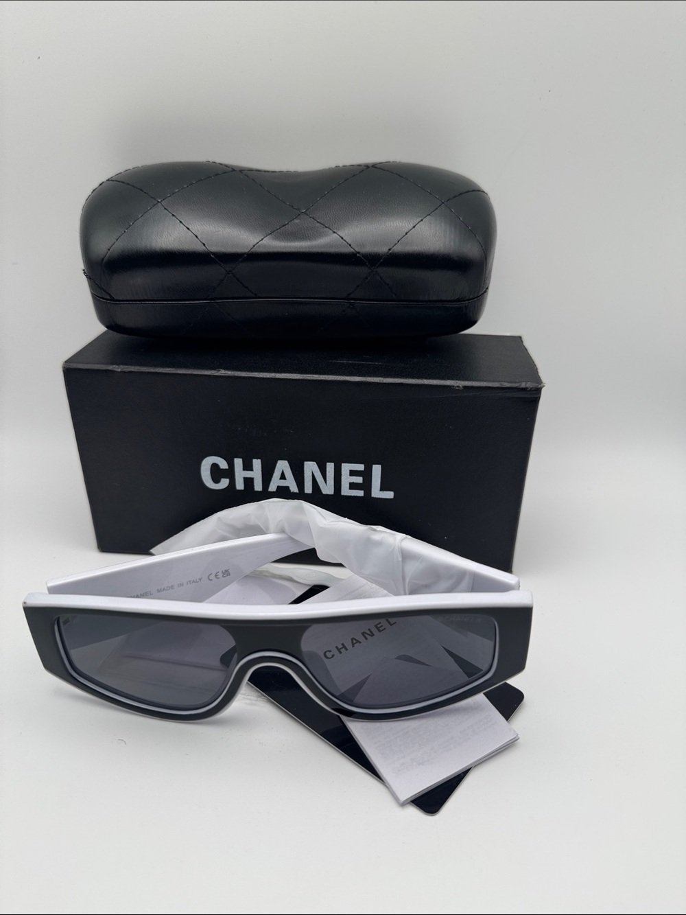 CHANEL White and Black Shield Sunglasses